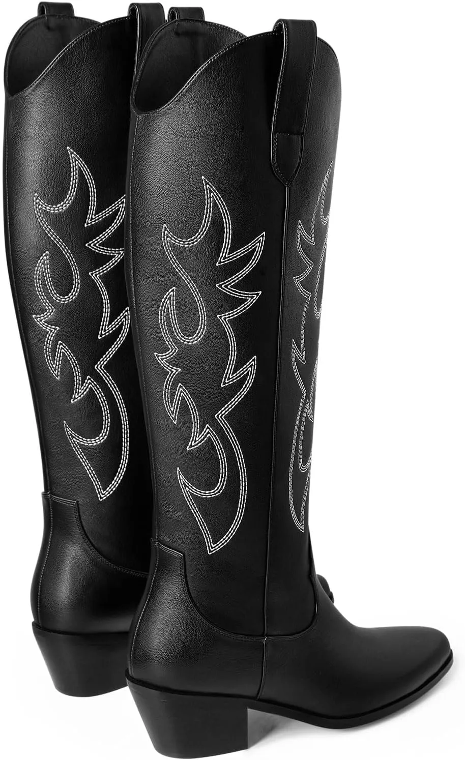 Ouepiano White Cowgirl Boots Women Cowboy Knee High Tall Boots Chunky Heel Pointed Toe Pull-On Western Wide Calf Boats Country Fashion