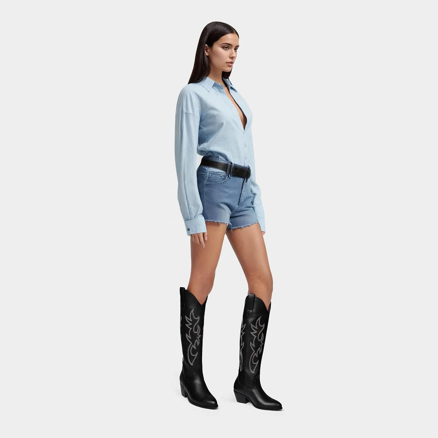 Ouepiano White Cowgirl Boots Women Cowboy Knee High Tall Boots Chunky Heel Pointed Toe Pull-On Western Wide Calf Boats Country Fashion