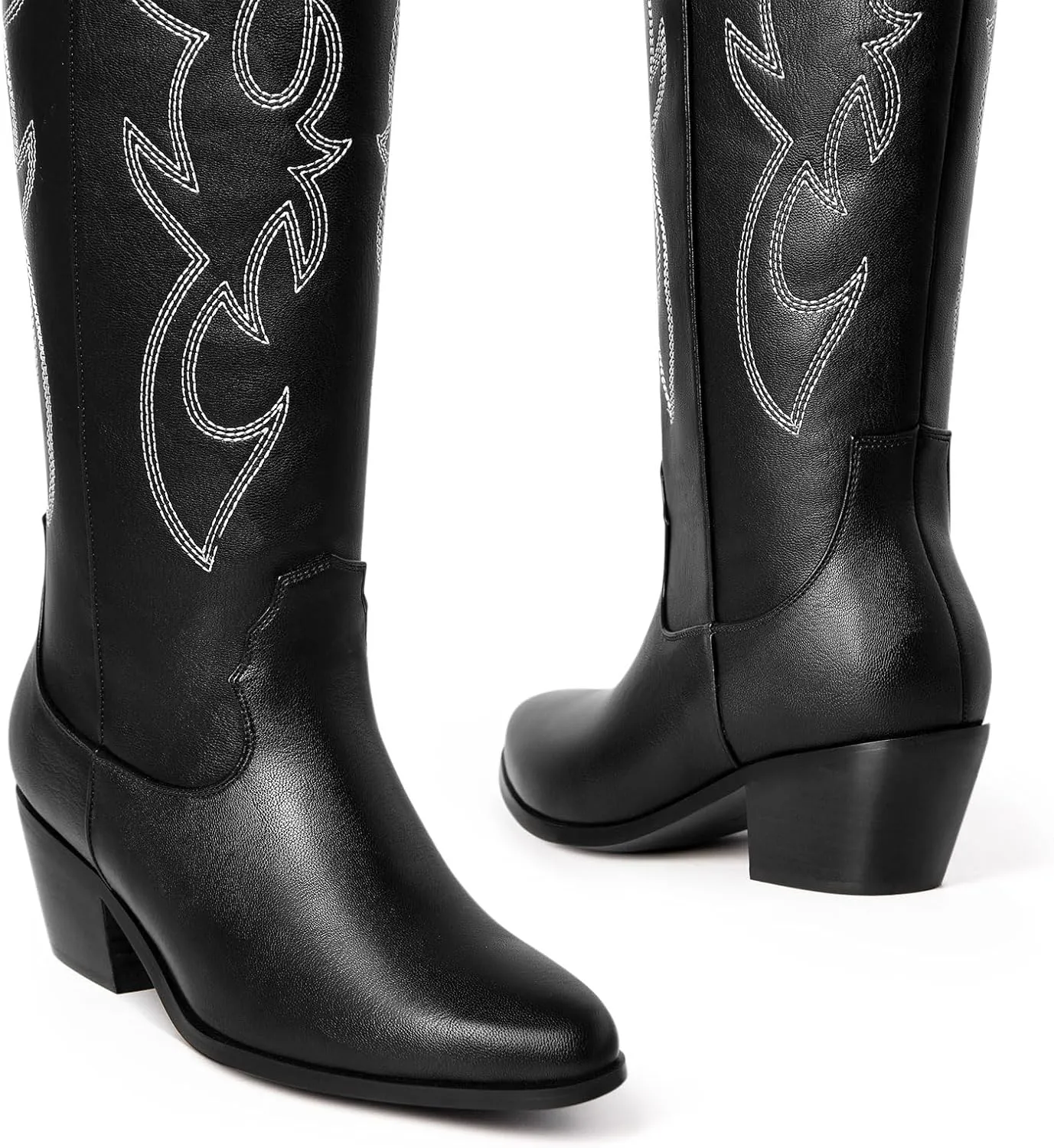 Ouepiano White Cowgirl Boots Women Cowboy Knee High Tall Boots Chunky Heel Pointed Toe Pull-On Western Wide Calf Boats Country Fashion