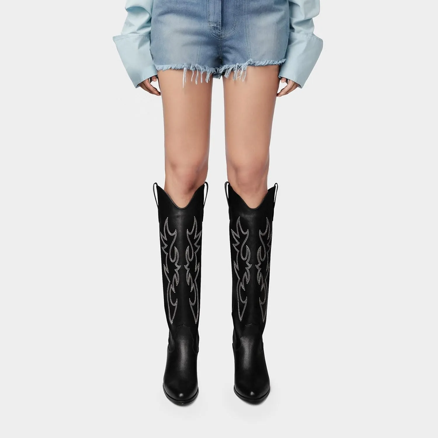 Ouepiano White Cowgirl Boots Women Cowboy Knee High Tall Boots Chunky Heel Pointed Toe Pull-On Western Wide Calf Boats Country Fashion