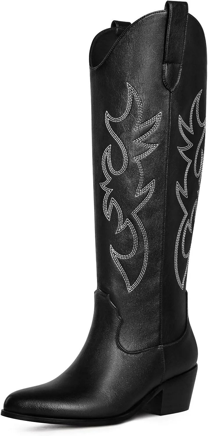 Ouepiano White Cowgirl Boots Women Cowboy Knee High Tall Boots Chunky Heel Pointed Toe Pull-On Western Wide Calf Boats Country Fashion