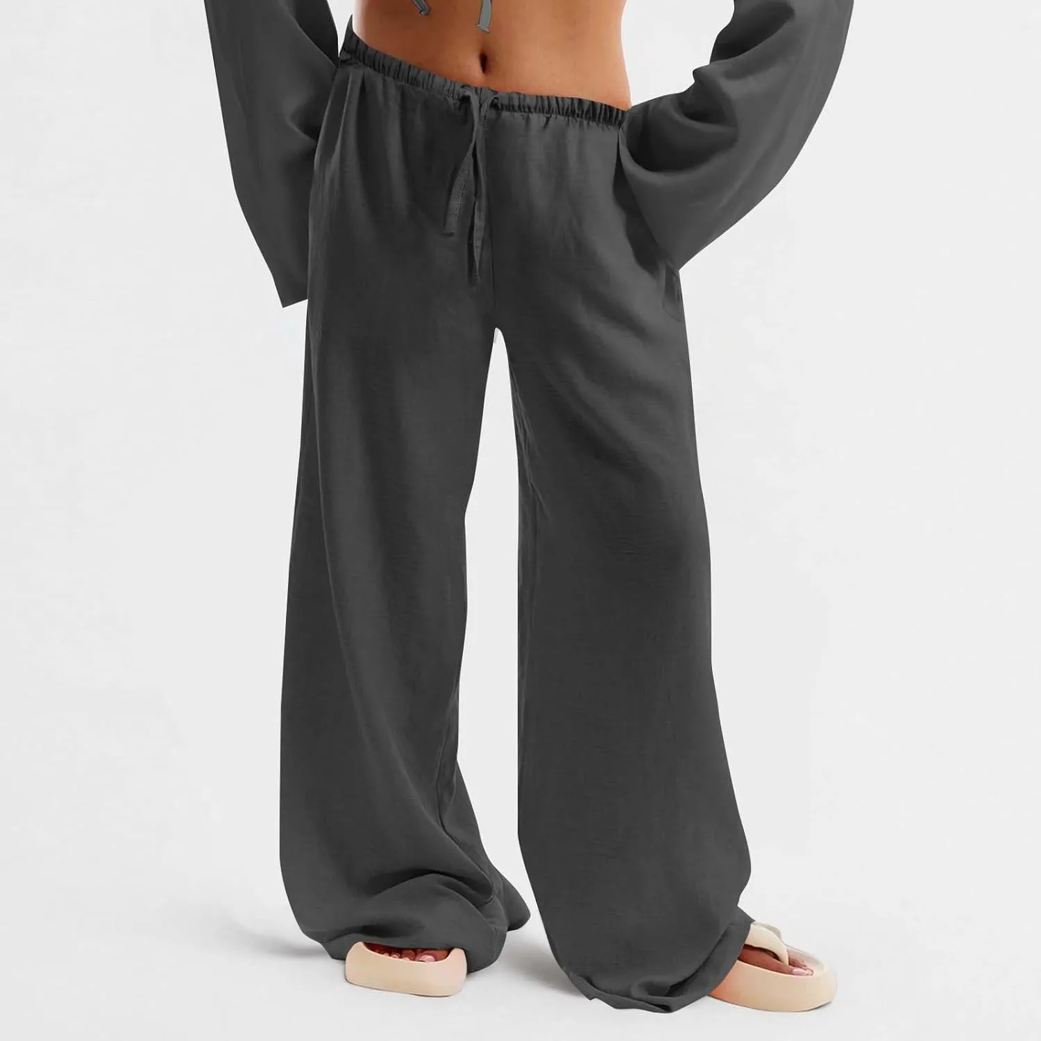 Palazzo Pants for Women Baggy Wide Leg Low Rise Linen Pants Loose Drawstring Long Lounge Trousers with Pockets