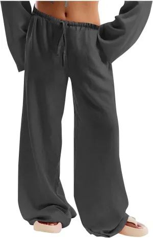 Palazzo Pants for Women Baggy Wide Leg Low Rise Linen Pants Loose Drawstring Long Lounge Trousers with Pockets