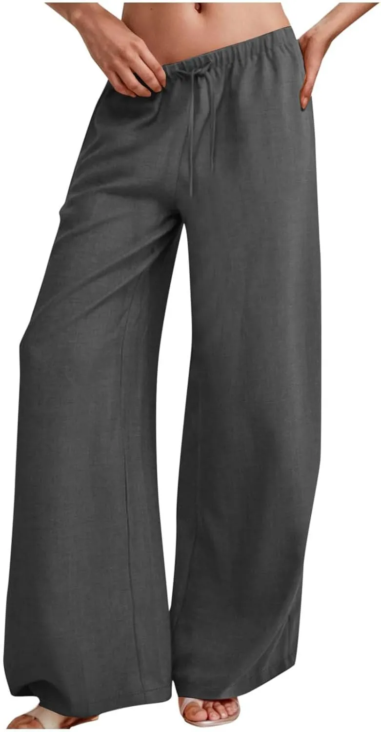Palazzo Pants for Women Baggy Wide Leg Low Rise Linen Pants Loose Drawstring Long Lounge Trousers with Pockets