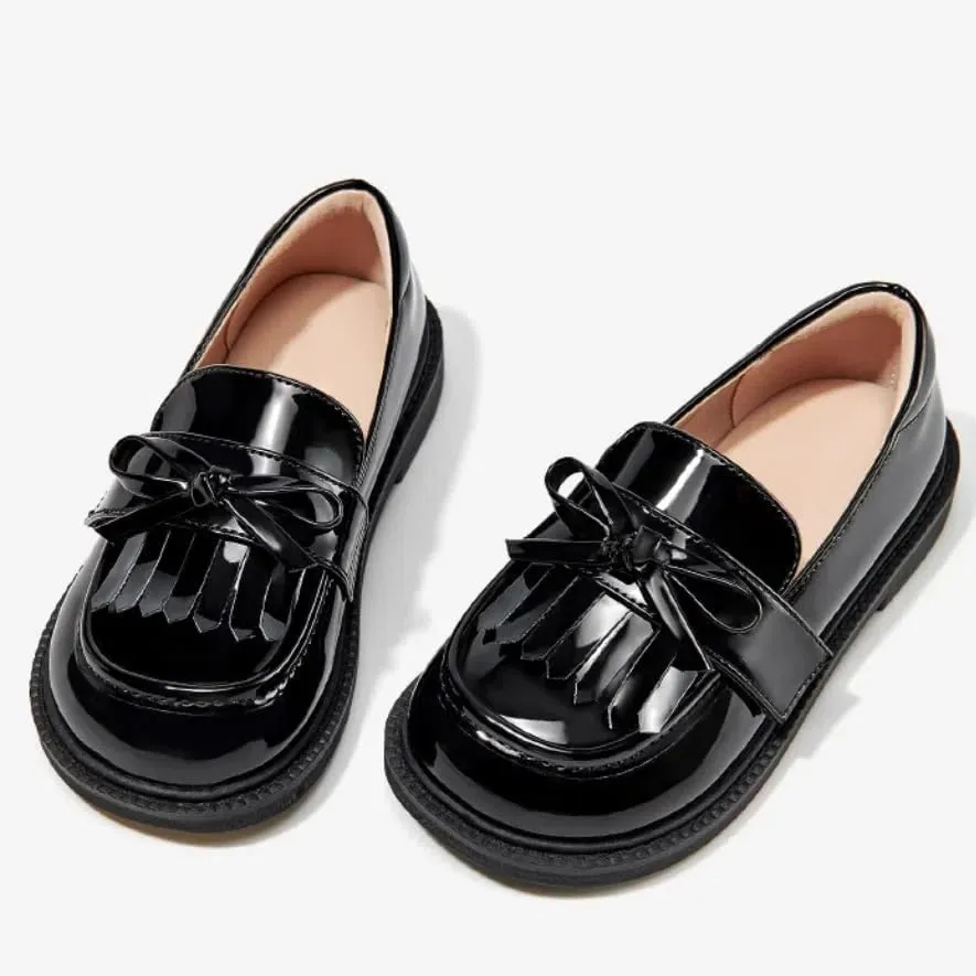 Patent Leather Loafers with Bow, Black Glossy Finish, Fringe Detail