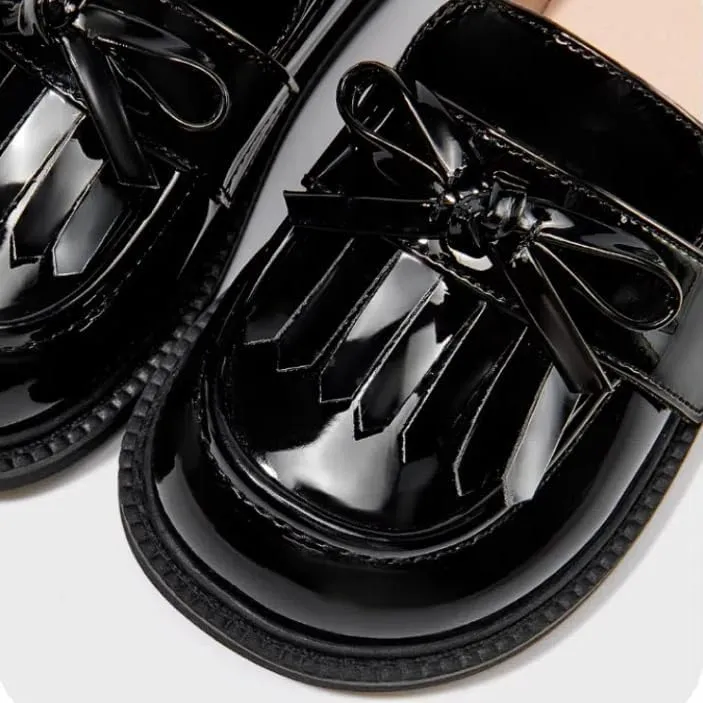 Patent Leather Loafers with Bow, Black Glossy Finish, Fringe Detail