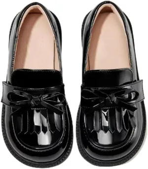 Patent Leather Loafers with Bow, Black Glossy Finish, Fringe Detail