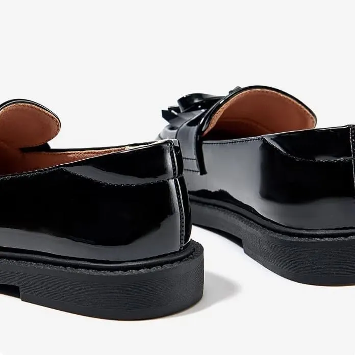 Patent Leather Loafers with Bow, Black Glossy Finish, Fringe Detail
