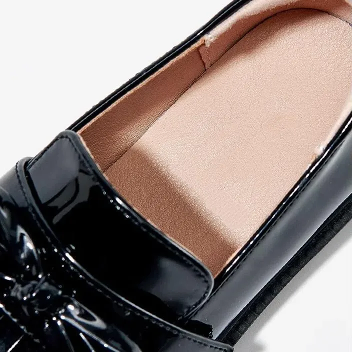 Patent Leather Loafers with Bow, Black Glossy Finish, Fringe Detail