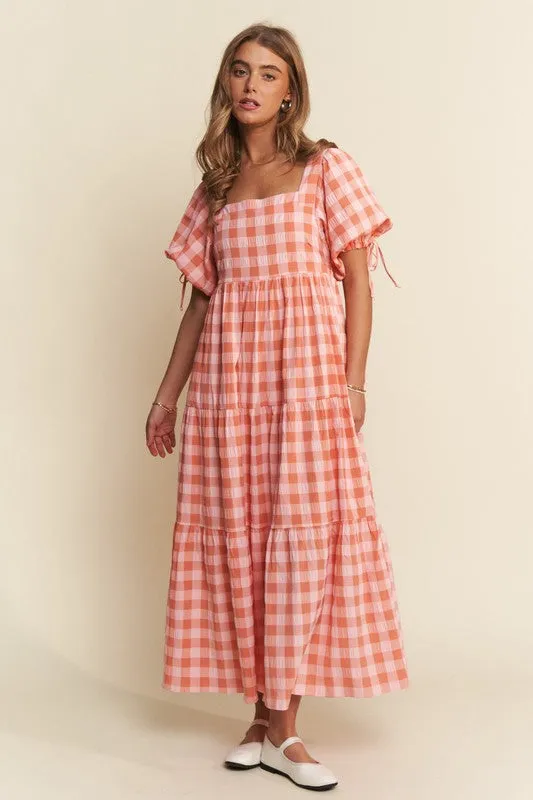 Peach Gingham Puff Sleeve Midi Dress (Preorder) 06-06-25