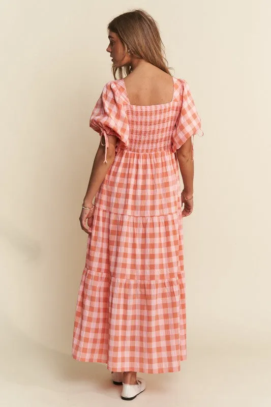 Peach Gingham Puff Sleeve Midi Dress (Preorder) 06-06-25