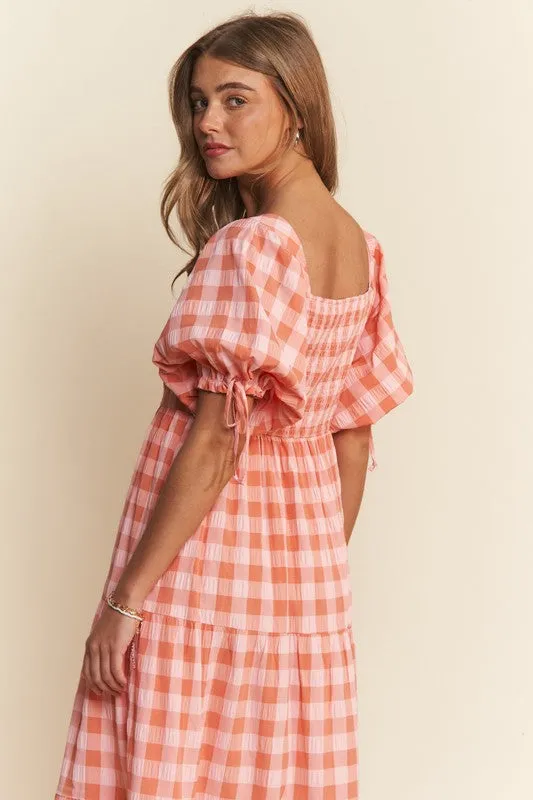Peach Gingham Puff Sleeve Midi Dress (Preorder) 06-06-25