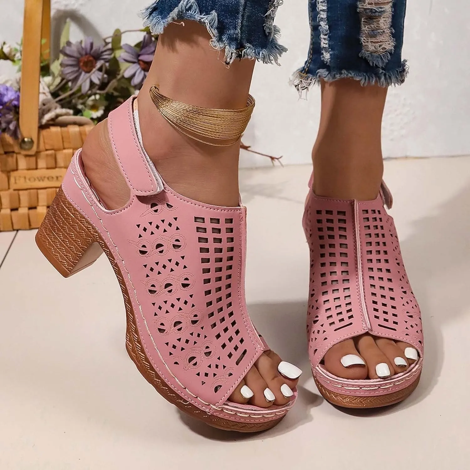 Peep Toe Booties for Women Cutout Ankle Strap High Heel Chunky Block Sandals Breathable Fashion Open Toe Heeled Sandals Casual Hollow Out Adjustable Strap Slingback Dressy Platform Wedge Sandal