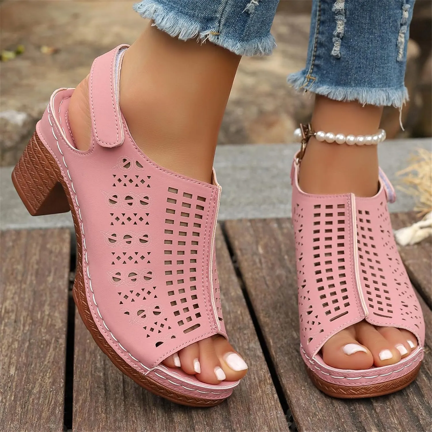 Peep Toe Booties for Women Cutout Ankle Strap High Heel Chunky Block Sandals Breathable Fashion Open Toe Heeled Sandals Casual Hollow Out Adjustable Strap Slingback Dressy Platform Wedge Sandal