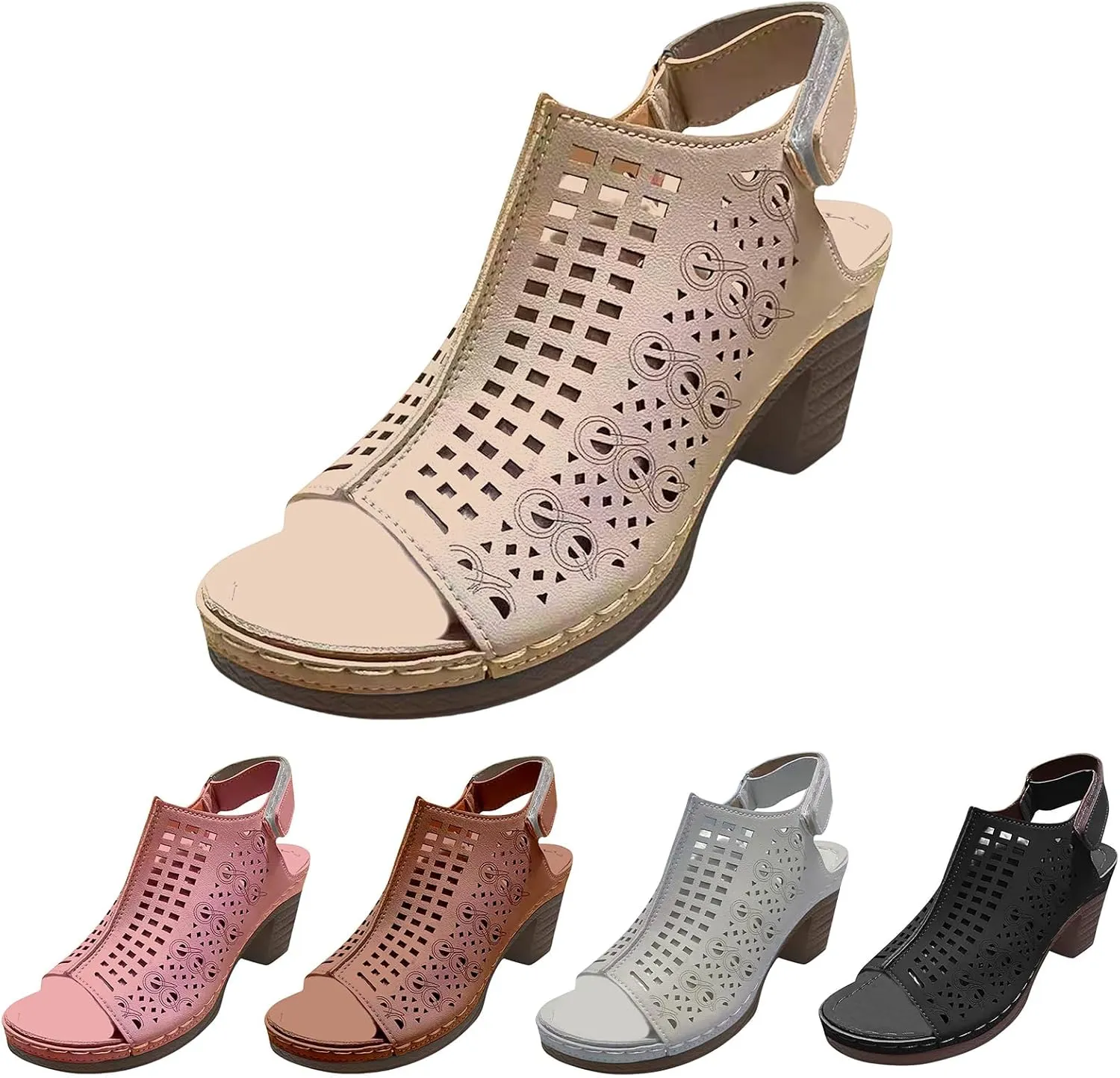 Peep Toe Booties for Women Cutout Ankle Strap High Heel Chunky Block Sandals Breathable Fashion Open Toe Heeled Sandals Casual Hollow Out Adjustable Strap Slingback Dressy Platform Wedge Sandal