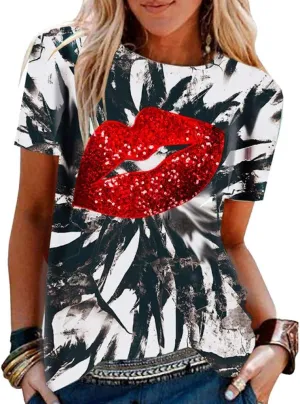 PESION Womens Short Sleeve T-Shirt Sequined Tops O-Neck Funny Graphic Tees Blouse