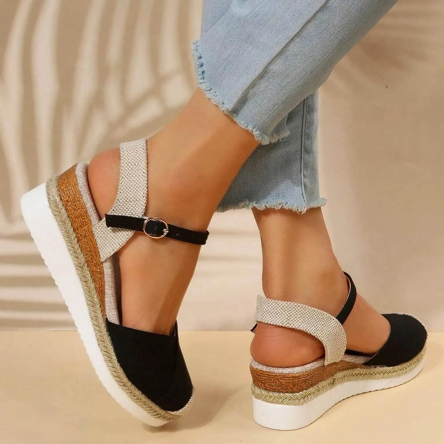 Platform Espadrilles Wedges for Women Closed Toe Casual Low Heel Dressy Sandals with Adjustable Buckle Ankle Strap