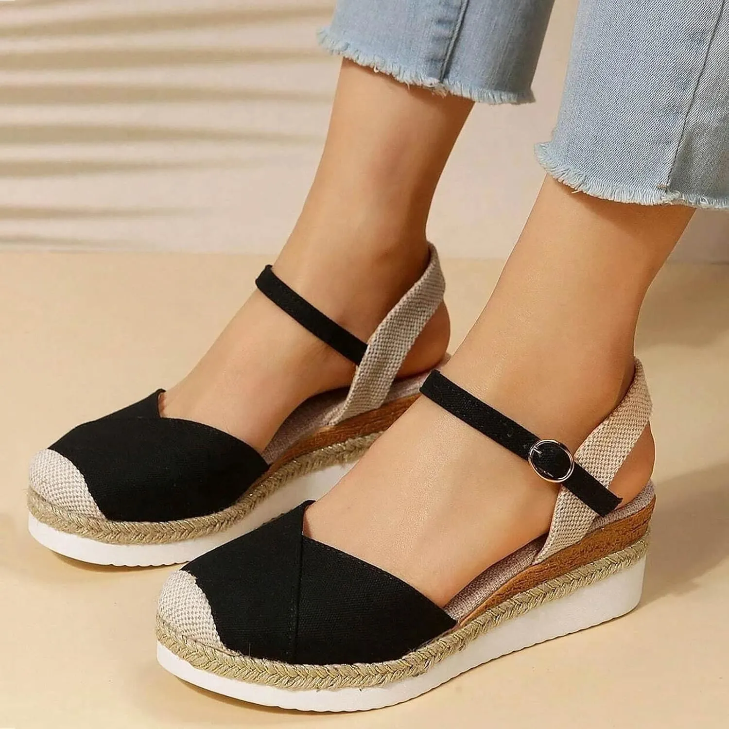 Platform Espadrilles Wedges for Women Closed Toe Casual Low Heel Dressy Sandals with Adjustable Buckle Ankle Strap
