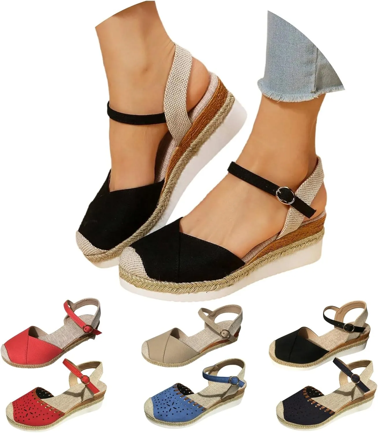 Platform Espadrilles Wedges for Women Closed Toe Casual Low Heel Dressy Sandals with Adjustable Buckle Ankle Strap