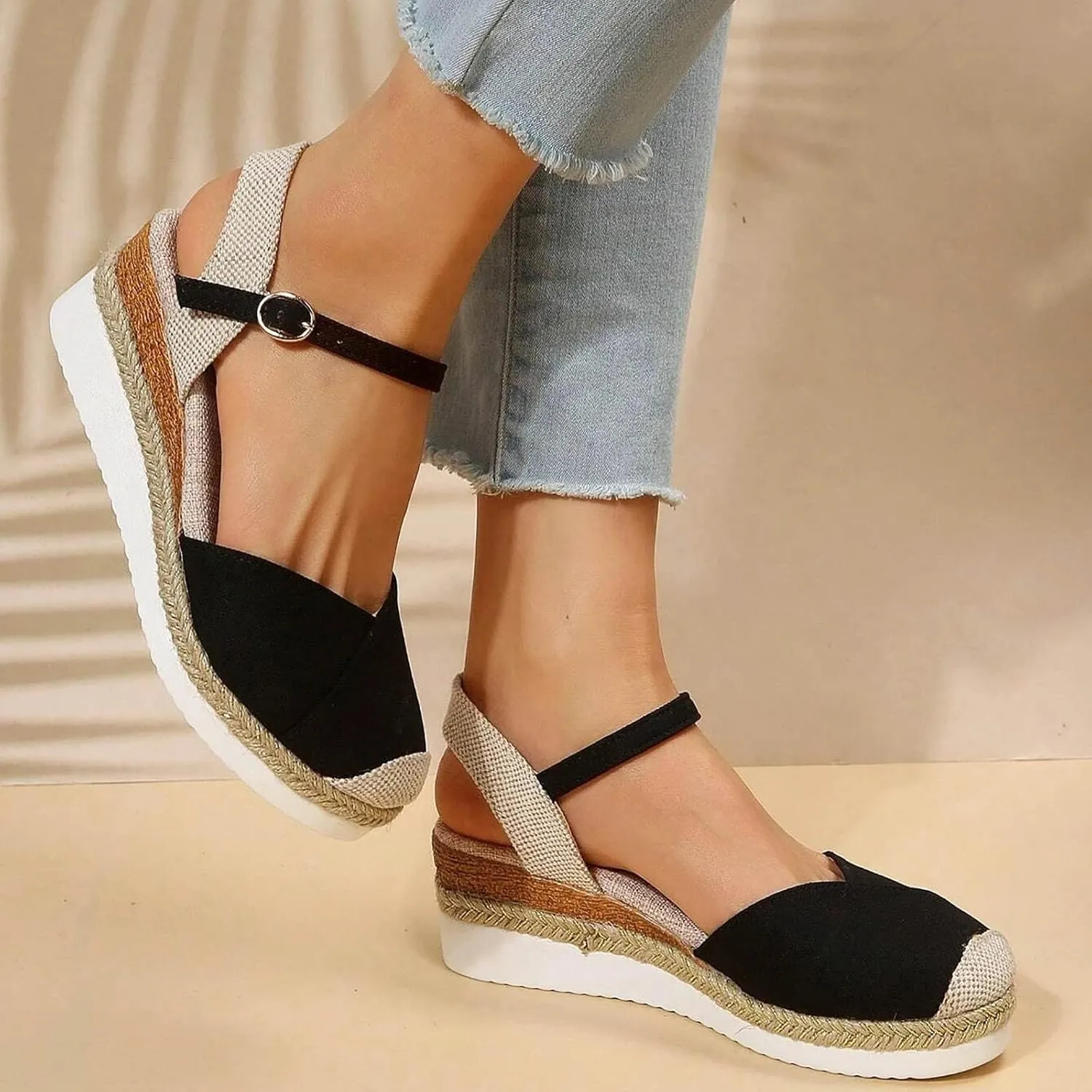 Platform Espadrilles Wedges for Women Closed Toe Casual Low Heel Dressy Sandals with Adjustable Buckle Ankle Strap