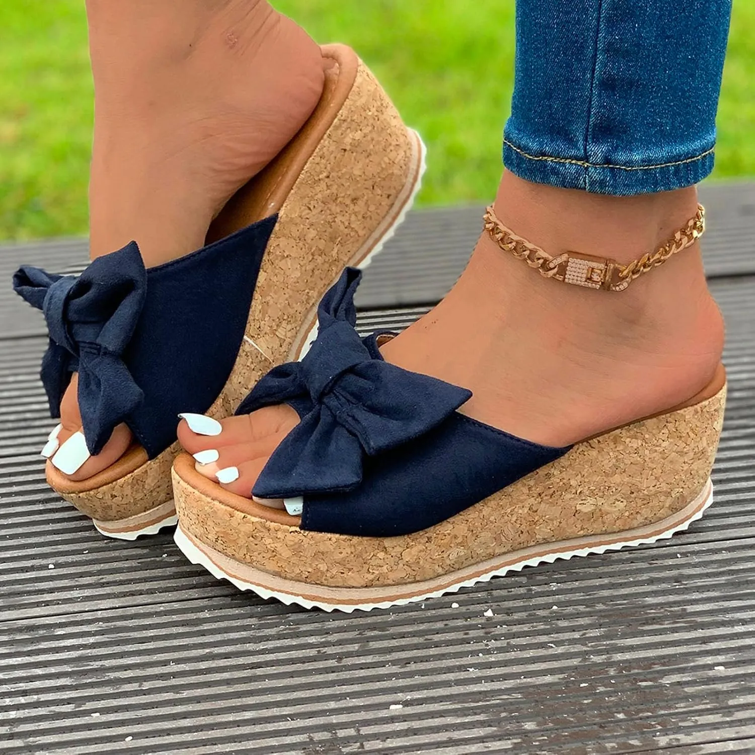 Platform Sandals for Women Trendy Bow-Knot Slide Wedge Slippers Comfortable Elegant Cute Beach Slippers Summer Walking Indoor Outdoor Shoes
