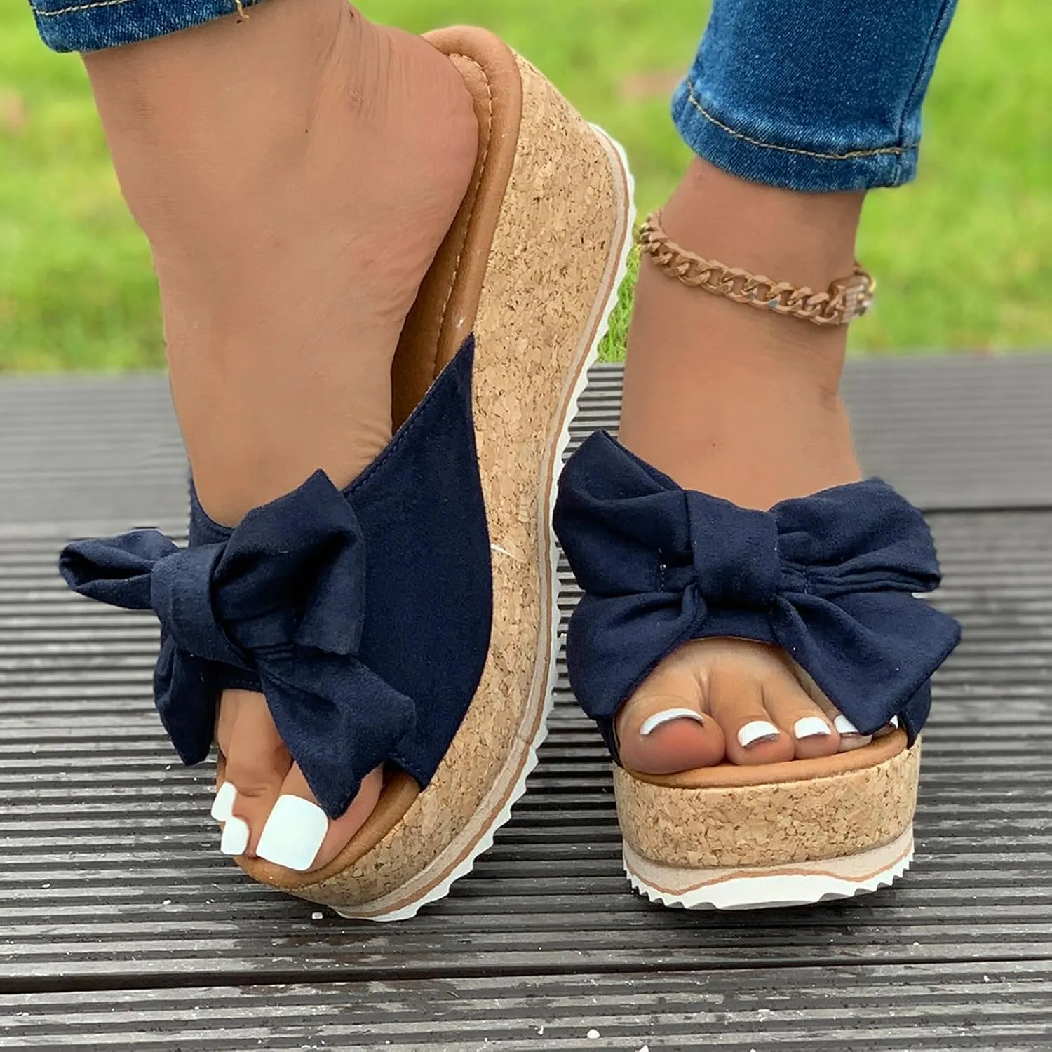 Platform Sandals for Women Trendy Bow-Knot Slide Wedge Slippers Comfortable Elegant Cute Beach Slippers Summer Walking Indoor Outdoor Shoes