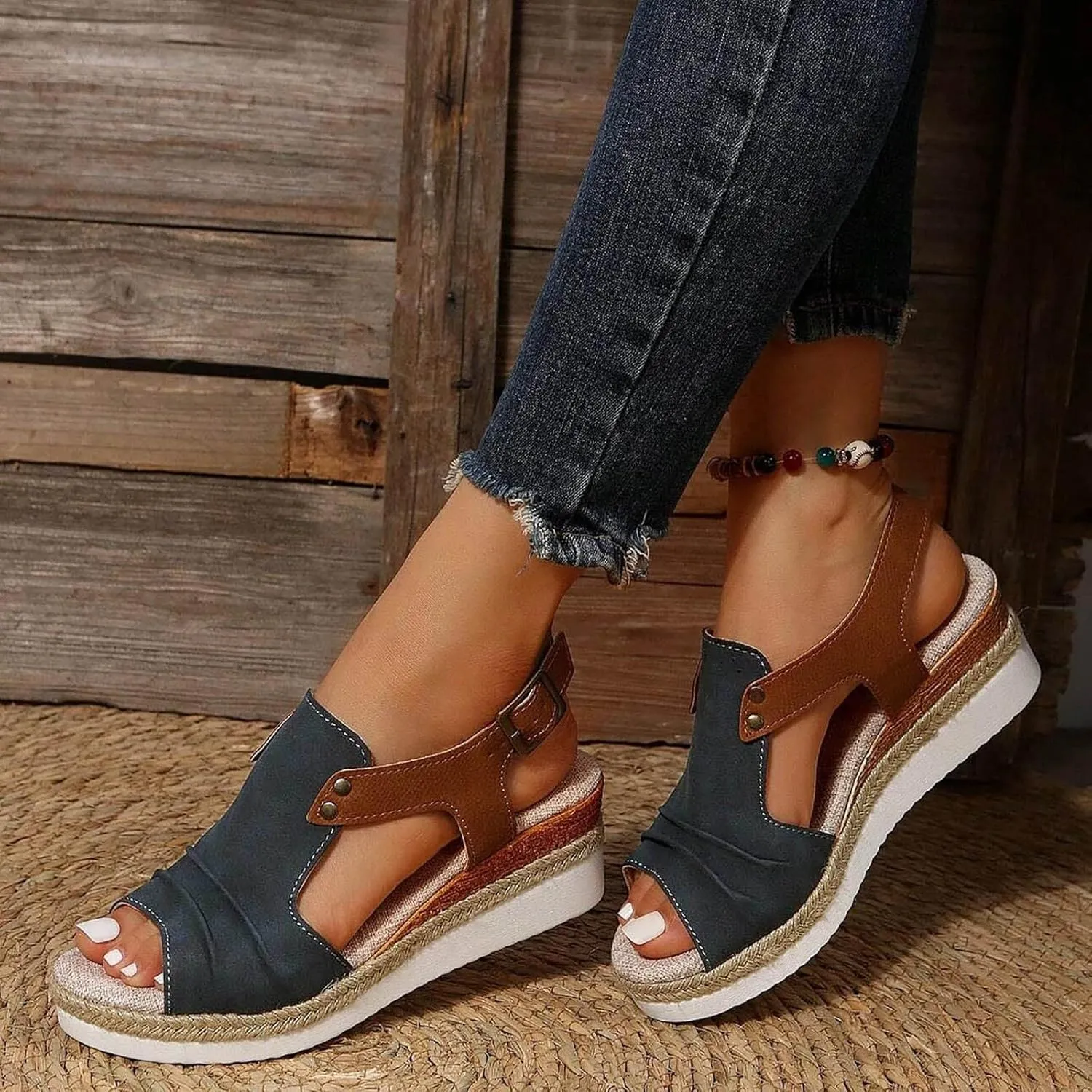 Platform Wedge Sandals for Women Open Toe Ankle Strap Orthopedic Sandals Casual Strappy Low Wedges Sandals Summer Dress 2023 Beach Sandals Dress Shoes Comfortable Outdoor Shoes (Navy-c, 7)