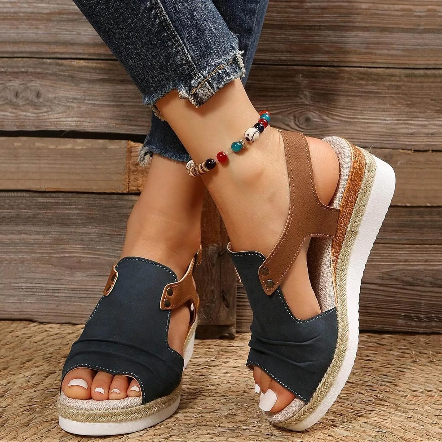 Platform Wedge Sandals for Women Open Toe Ankle Strap Orthopedic Sandals Casual Strappy Low Wedges Sandals Summer Dress 2023 Beach Sandals Dress Shoes Comfortable Outdoor Shoes (Navy-c, 7)