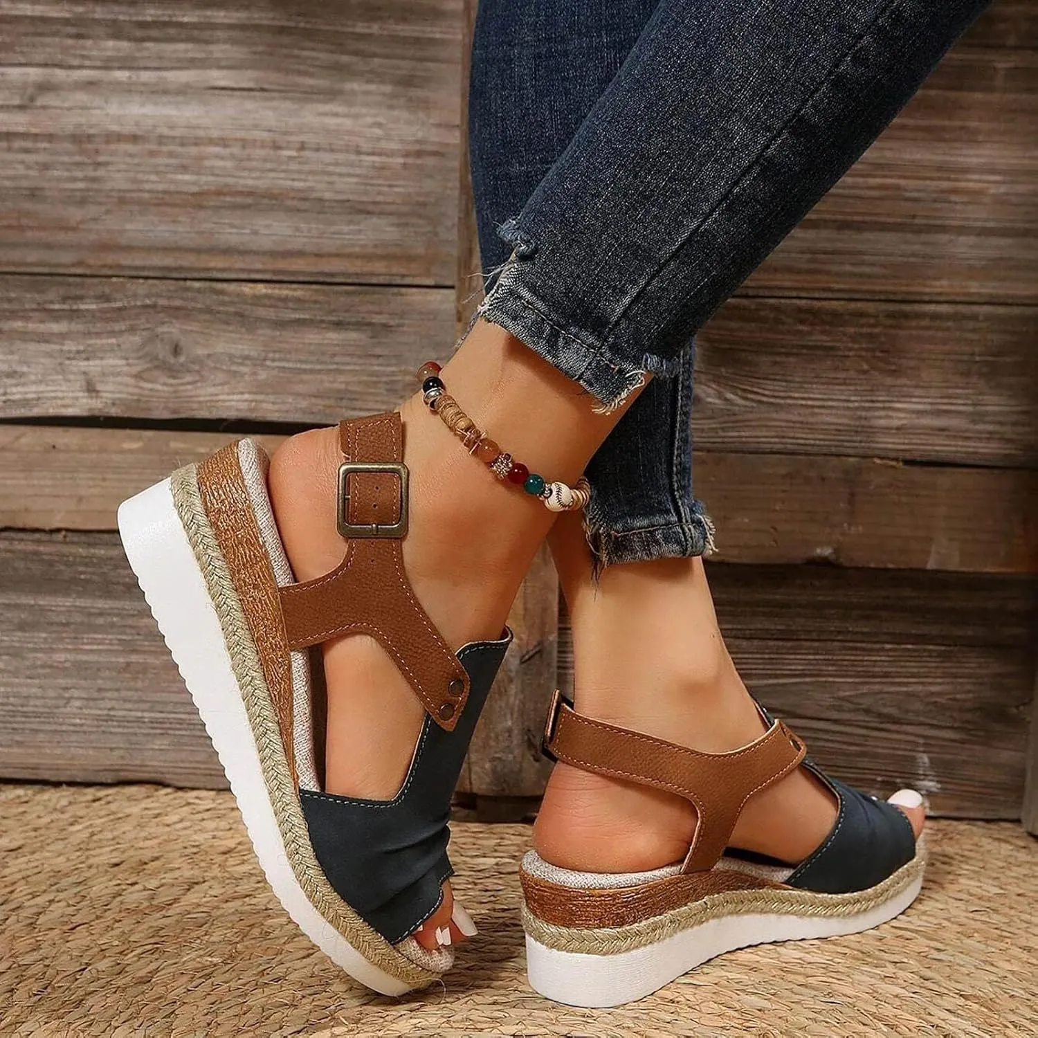 Platform Wedge Sandals for Women Open Toe Ankle Strap Orthopedic Sandals Casual Strappy Low Wedges Sandals Summer Dress 2023 Beach Sandals Dress Shoes Comfortable Outdoor Shoes (Navy-c, 7)