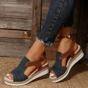 Platform Wedge Sandals for Women Open Toe Ankle Strap Orthopedic Sandals Casual Strappy Low Wedges Sandals Summer Dress 2023 Beach Sandals Dress Shoes Comfortable Outdoor Shoes (Navy-c, 7)