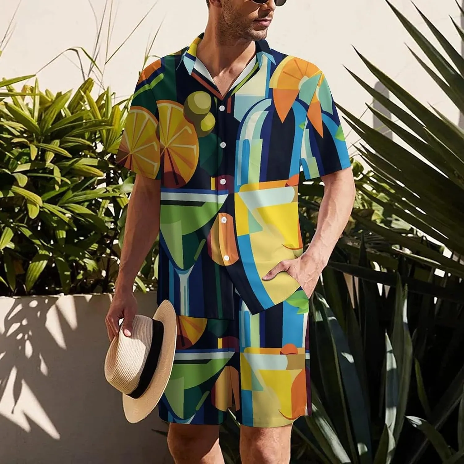Pop Art of Wine Bottles and CocktailsMen's Two-Piece Casual Short-Sleeved Shirt Summer Loose Vacation Suit