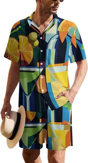 Pop Art of Wine Bottles and CocktailsMen's Two-Piece Casual Short-Sleeved Shirt Summer Loose Vacation Suit