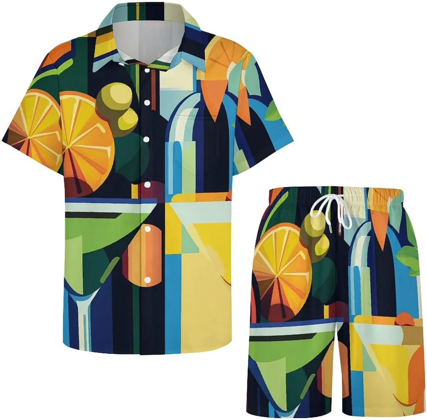 Pop Art of Wine Bottles and CocktailsMen's Two-Piece Casual Short-Sleeved Shirt Summer Loose Vacation Suit