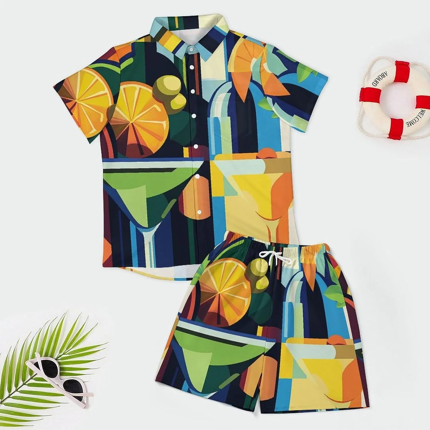 Pop Art of Wine Bottles and CocktailsMen's Two-Piece Casual Short-Sleeved Shirt Summer Loose Vacation Suit