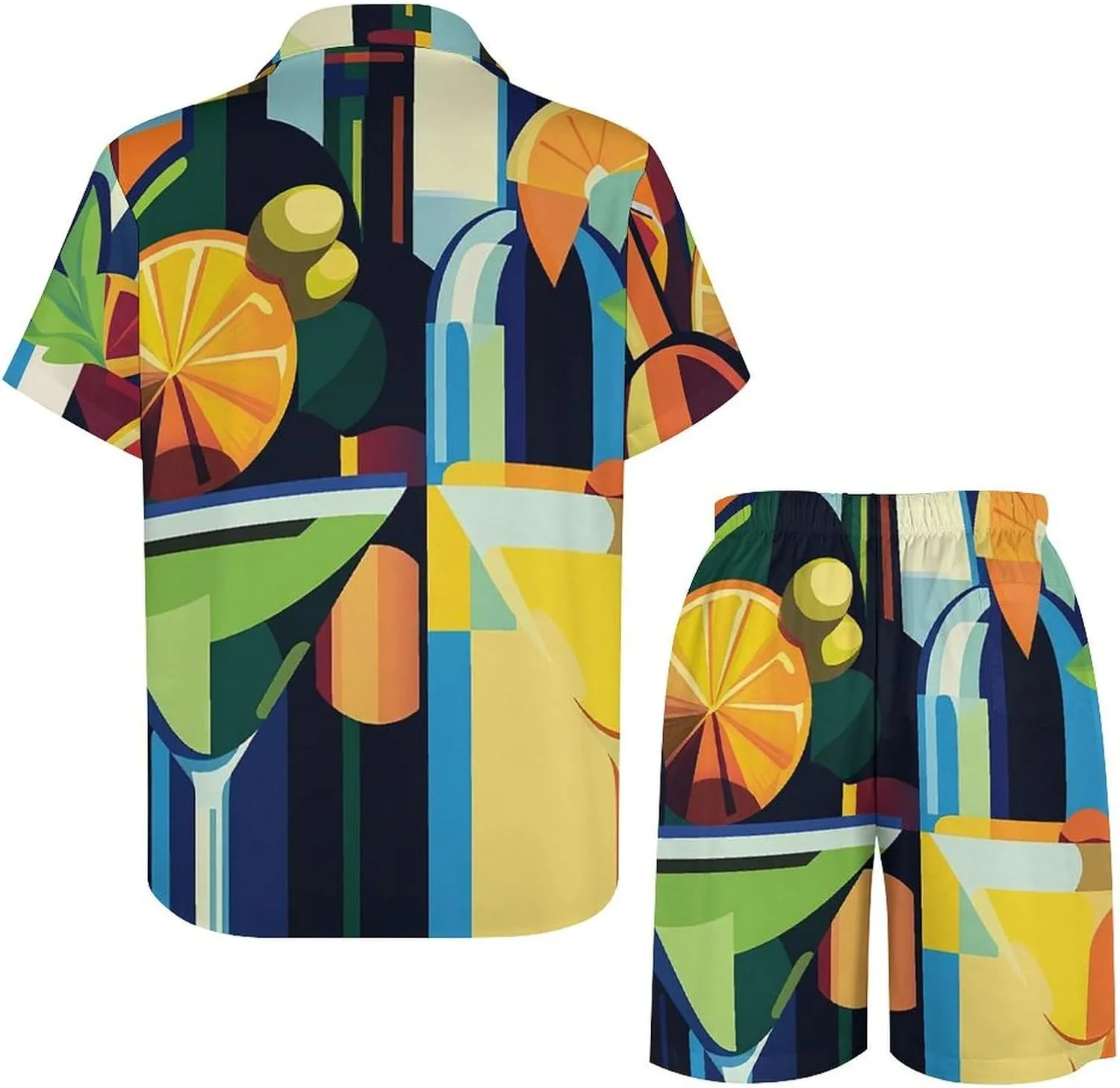 Pop Art of Wine Bottles and CocktailsMen's Two-Piece Casual Short-Sleeved Shirt Summer Loose Vacation Suit