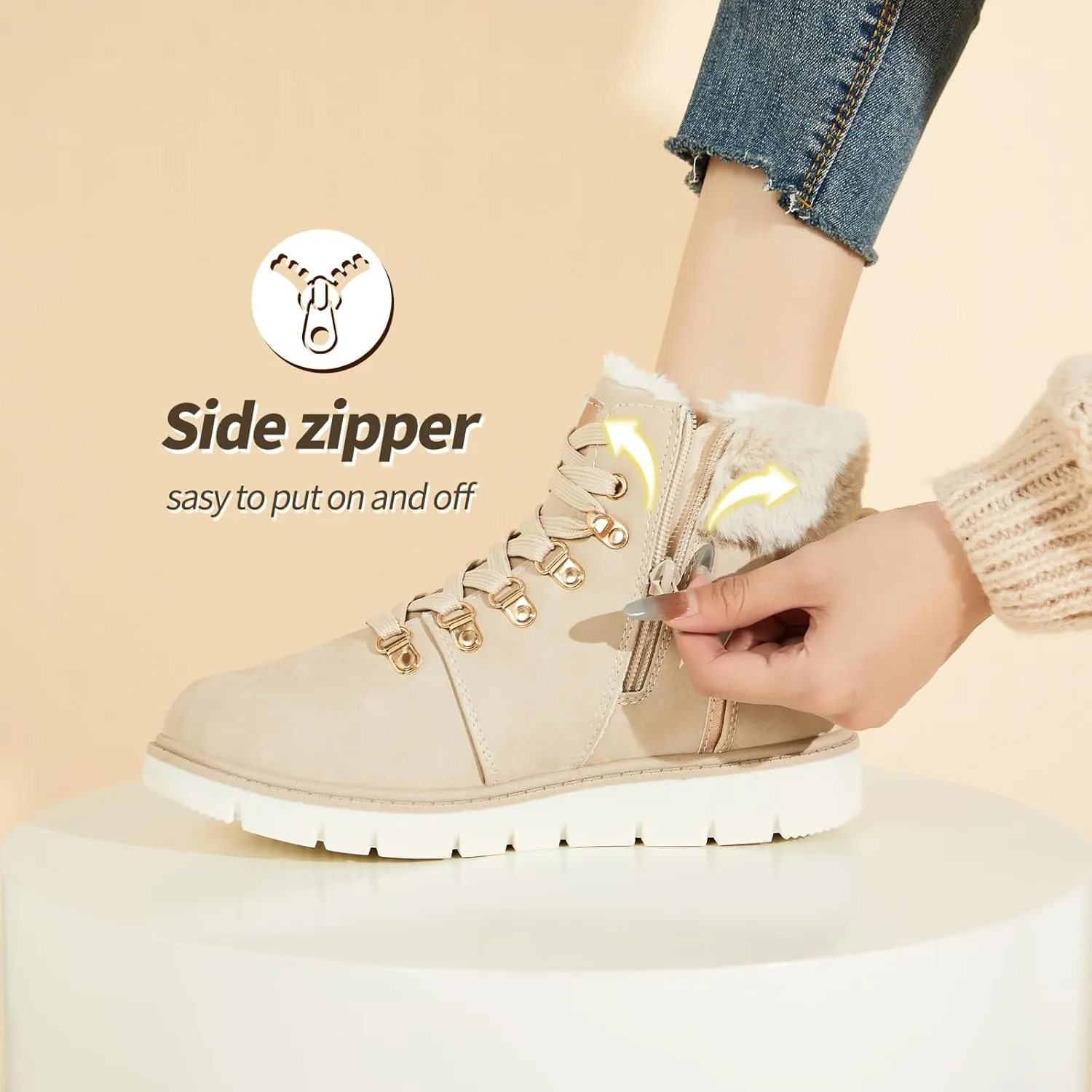 POVOGER Women’s Black Combat Boots Warm Fur Lined Winter Snow Boots for Women Lace Up Side Zipper Mid-Calf Fashion Booties