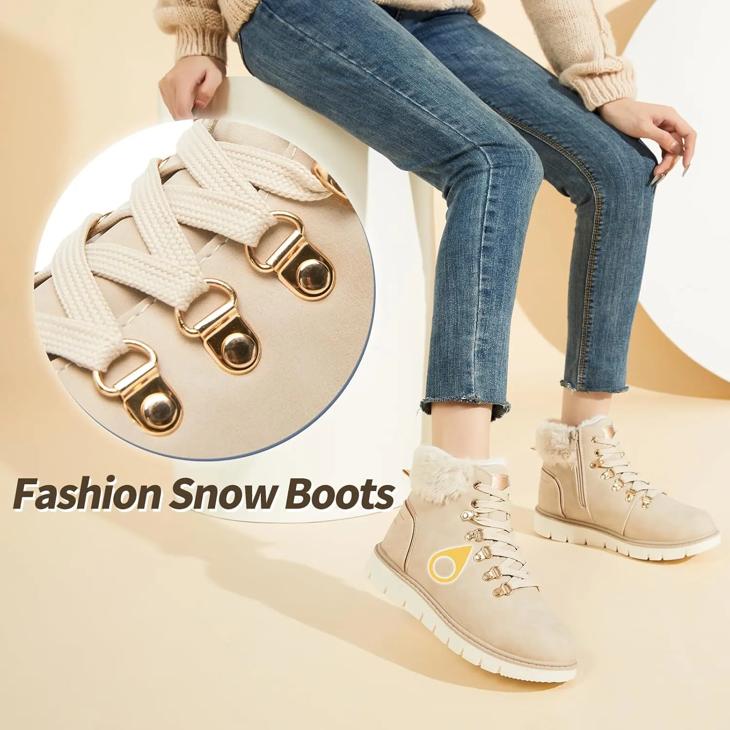 POVOGER Women’s Black Combat Boots Warm Fur Lined Winter Snow Boots for Women Lace Up Side Zipper Mid-Calf Fashion Booties