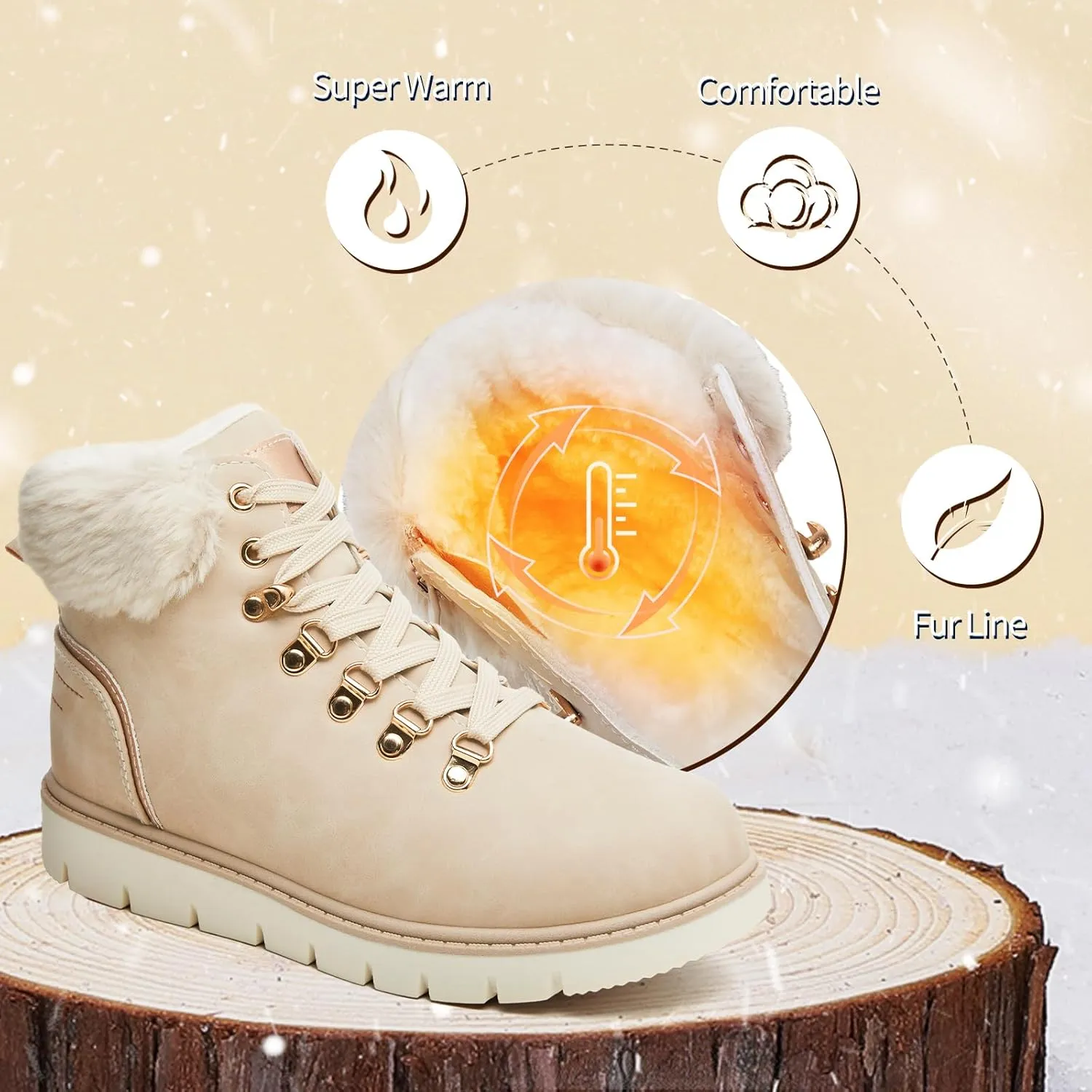POVOGER Women’s Black Combat Boots Warm Fur Lined Winter Snow Boots for Women Lace Up Side Zipper Mid-Calf Fashion Booties