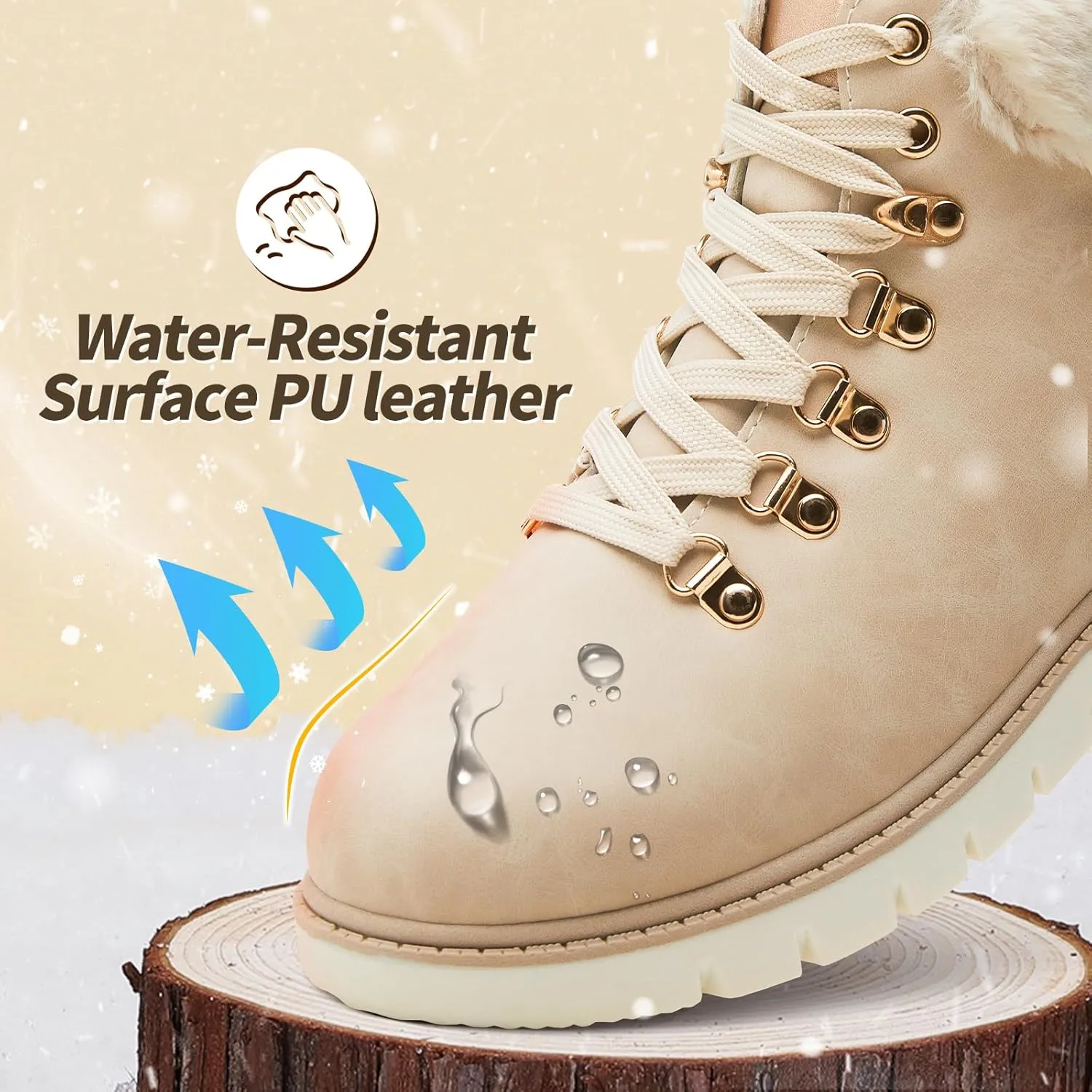 POVOGER Women’s Black Combat Boots Warm Fur Lined Winter Snow Boots for Women Lace Up Side Zipper Mid-Calf Fashion Booties