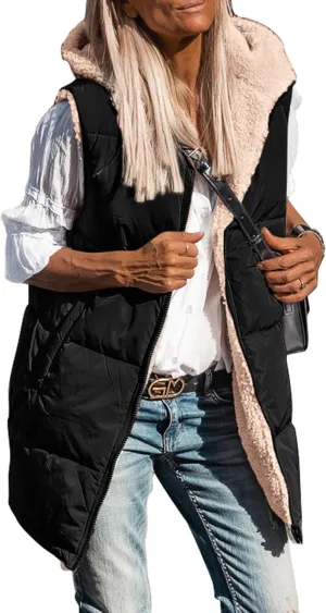 PRETTYGARDEN Womens 2025 Fall Reversible Vests Sleeveless Fleece Jacket Zip Up Hoodie Pockets Long Warm Winter Coat Outerwear