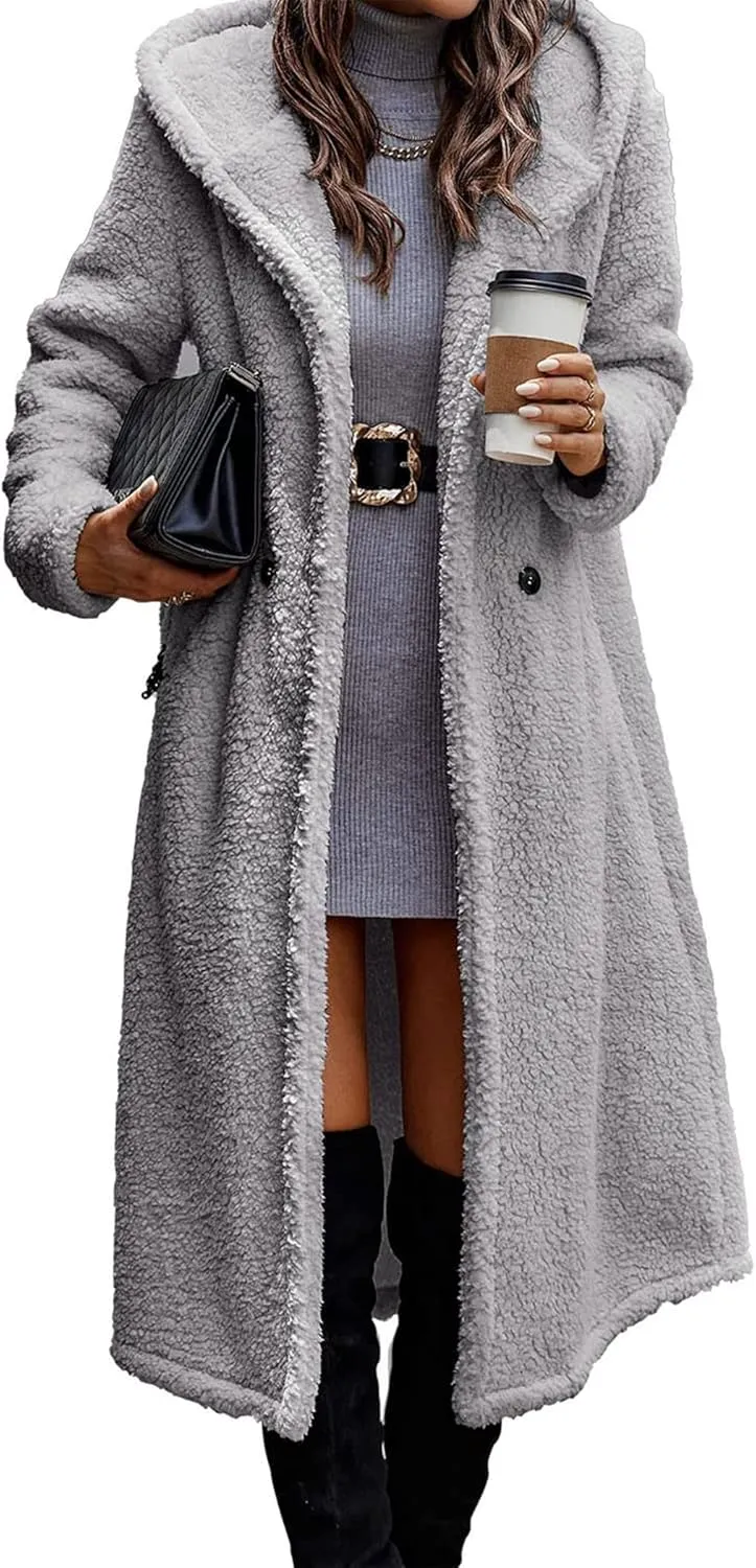 PRETTYGARDEN Women's Fashion Winter Coats Fuzzy Fleece Long Hooded Jackets Button Down Faux Fur Warm Outerwear