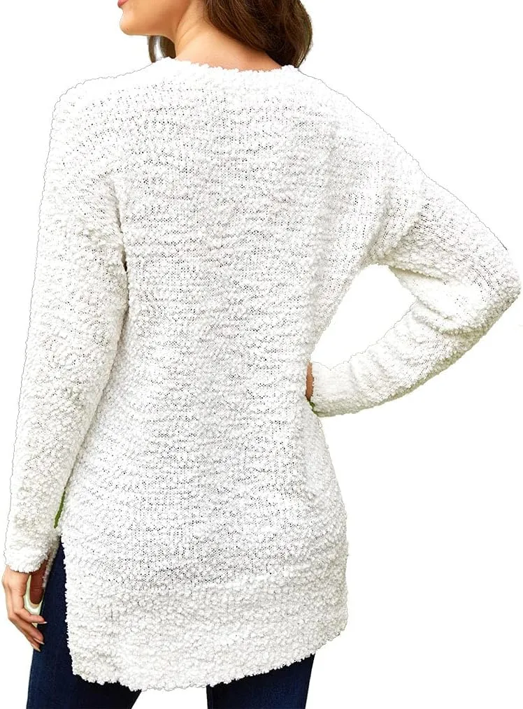 Qearal Women's Long Sleeve Fuzzy Knitted Sweater Popcorn Side Split Loose Pullover Tops