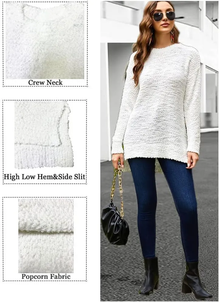 Qearal Women's Long Sleeve Fuzzy Knitted Sweater Popcorn Side Split Loose Pullover Tops