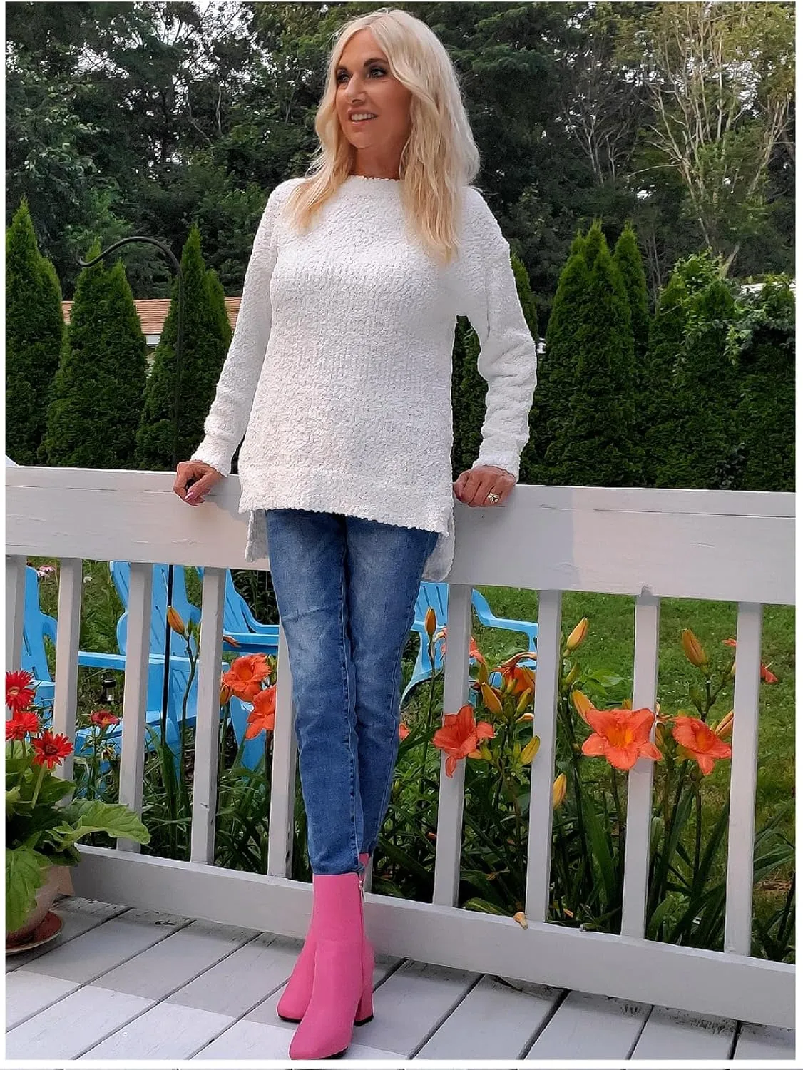Qearal Women's Long Sleeve Fuzzy Knitted Sweater Popcorn Side Split Loose Pullover Tops