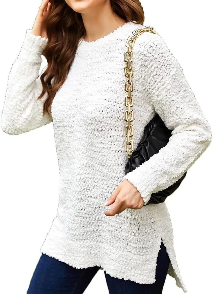 Qearal Women's Long Sleeve Fuzzy Knitted Sweater Popcorn Side Split Loose Pullover Tops