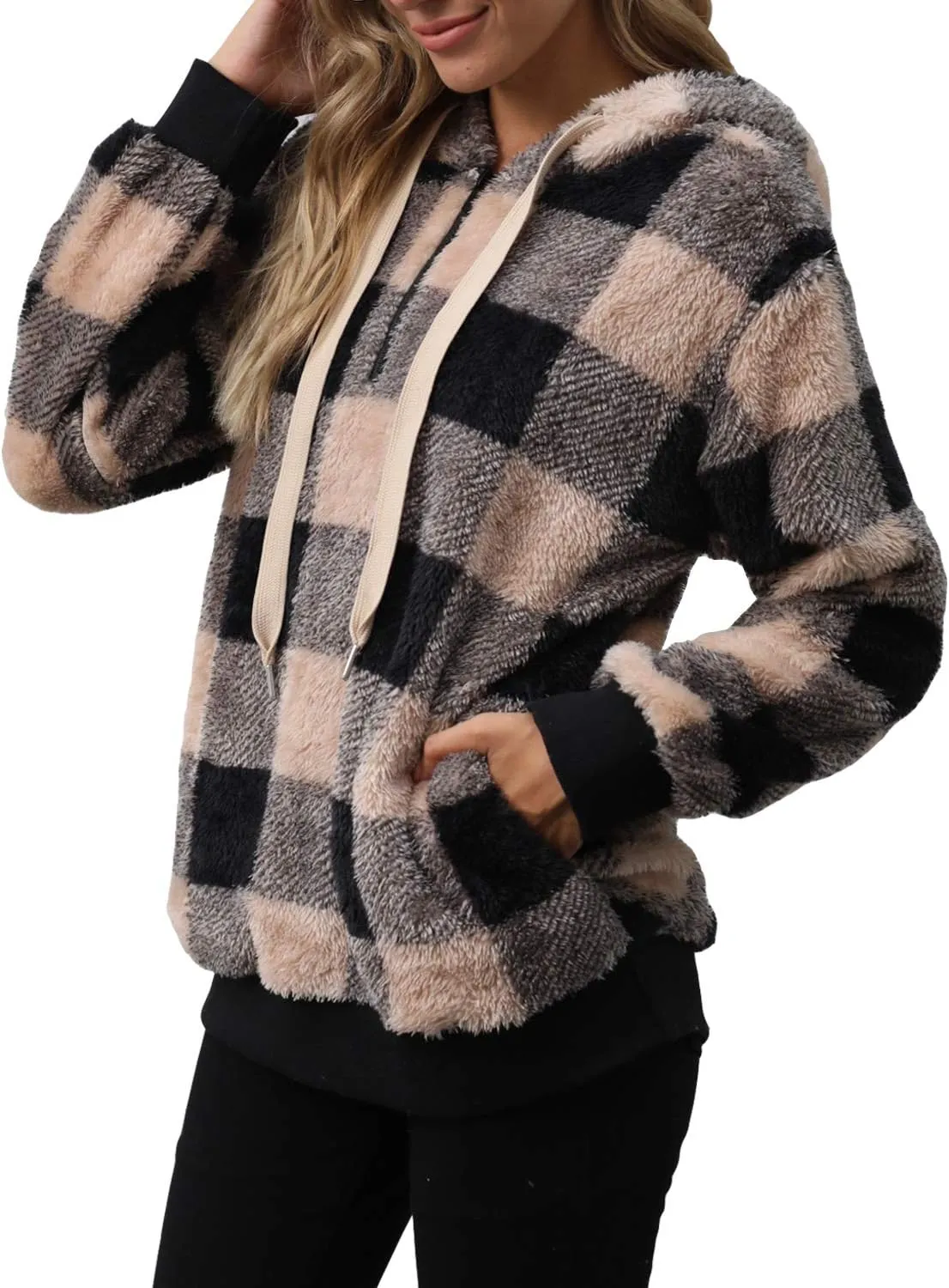 ReachMe Womens Oversized Sherpa Pullover Hoodie with Pockets Fuzzy Fleece Sweatshirt Plaid Fluffy Jacket Coat