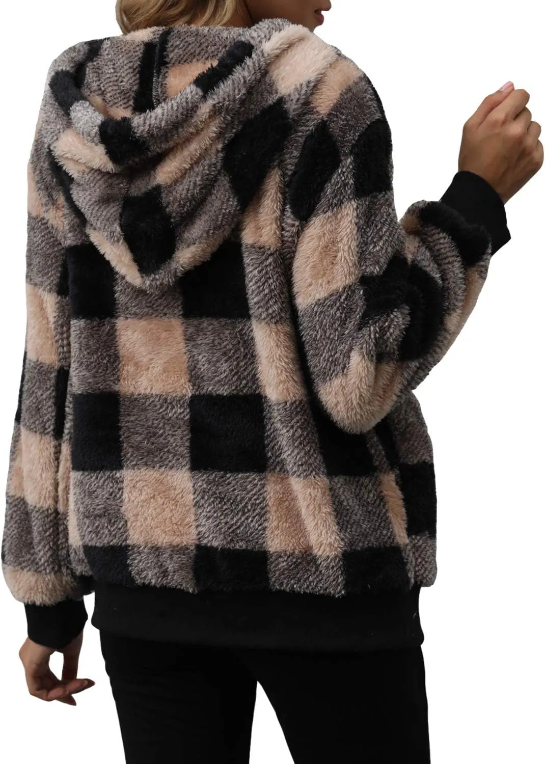 ReachMe Womens Oversized Sherpa Pullover Hoodie with Pockets Fuzzy Fleece Sweatshirt Plaid Fluffy Jacket Coat
