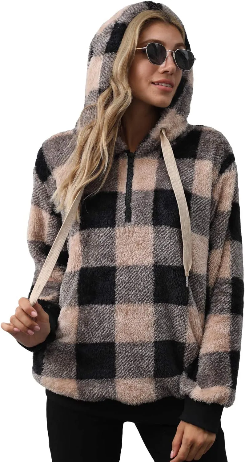 ReachMe Womens Oversized Sherpa Pullover Hoodie with Pockets Fuzzy Fleece Sweatshirt Plaid Fluffy Jacket Coat