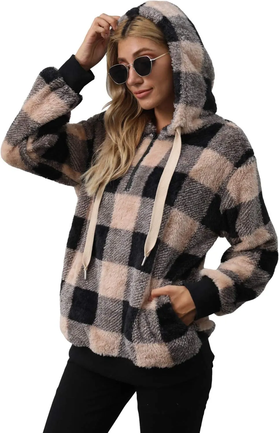 ReachMe Womens Oversized Sherpa Pullover Hoodie with Pockets Fuzzy Fleece Sweatshirt Plaid Fluffy Jacket Coat