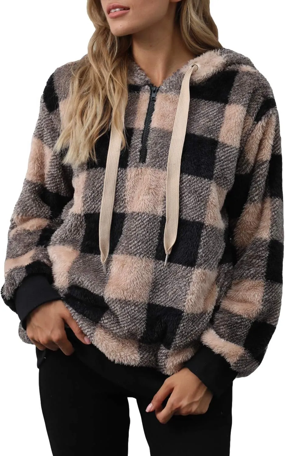 ReachMe Womens Oversized Sherpa Pullover Hoodie with Pockets Fuzzy Fleece Sweatshirt Plaid Fluffy Jacket Coat
